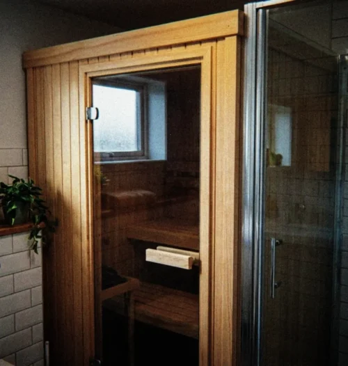 A compact wooden sauna installed in the corner of a small bathroom, showing how it fits neatly between a shower stall and wall. The sauna has a glass door revealing cedar interior with a single bench. Natural lighting comes through a small bathroom window, highlighting the warm wood tones contrasting with modern white bathroom tiles. A folded towel sits on a nearby shelf, with a few plants adding a touch of greenness to the space. The perspective shows the clever use of limited space in an ordinary apartment setting.