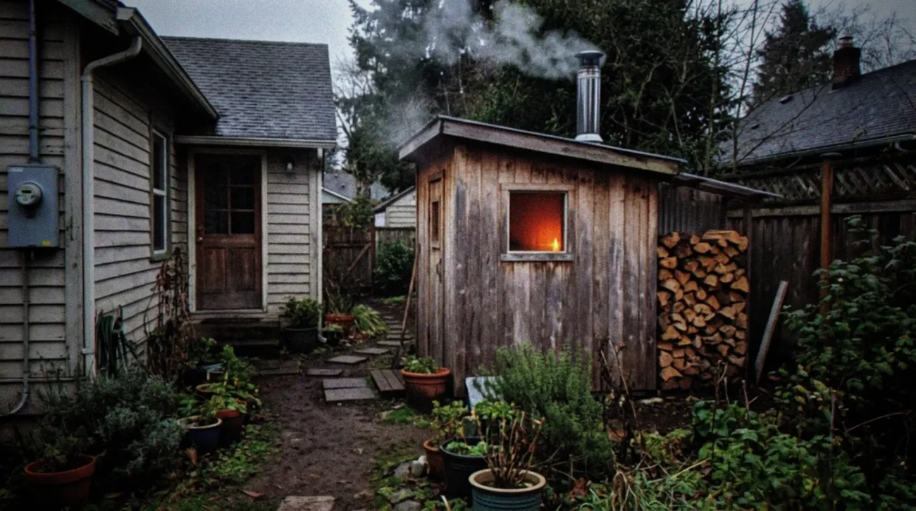 A small wooden outdoor sauna with steam rising from its chimney, situated in a backyard garden next to a cottage on an overcast afternoon. An electricity meter is visible on the side of the cottage, and a small pile of firewood is stacked neatly nearby. Through the sauna's small window, a warm glow emanates, creating contrast with the cooler outdoor tones. The sauna appears well-maintained but not brand new, suggesting regular use. A simple garden path connects the cottage to the sauna structure, with some potted plants and natural landscaping surrounding the area.