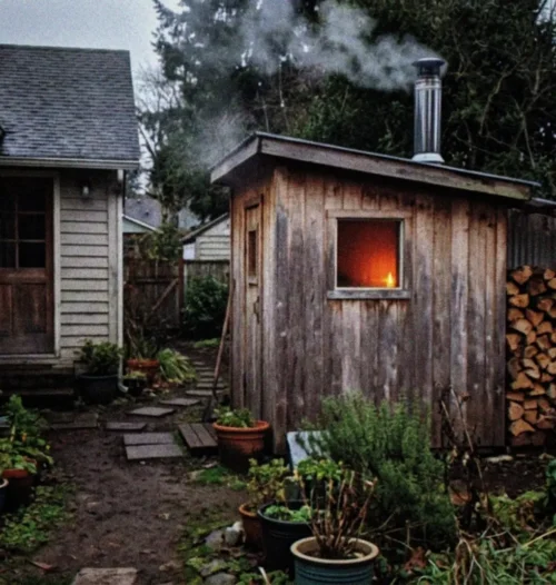 A small wooden outdoor sauna with steam rising from its chimney, situated in a backyard garden next to a cottage on an overcast afternoon. An electricity meter is visible on the side of the cottage, and a small pile of firewood is stacked neatly nearby. Through the sauna's small window, a warm glow emanates, creating contrast with the cooler outdoor tones. The sauna appears well-maintained but not brand new, suggesting regular use. A simple garden path connects the cottage to the sauna structure, with some potted plants and natural landscaping surrounding the area.