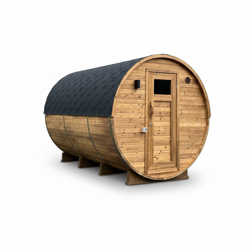 Sudová sauna Thermowood 300 cm s předsíní a panoramatickým oknem – skladem, kamna na dřevo - Obrázek 1